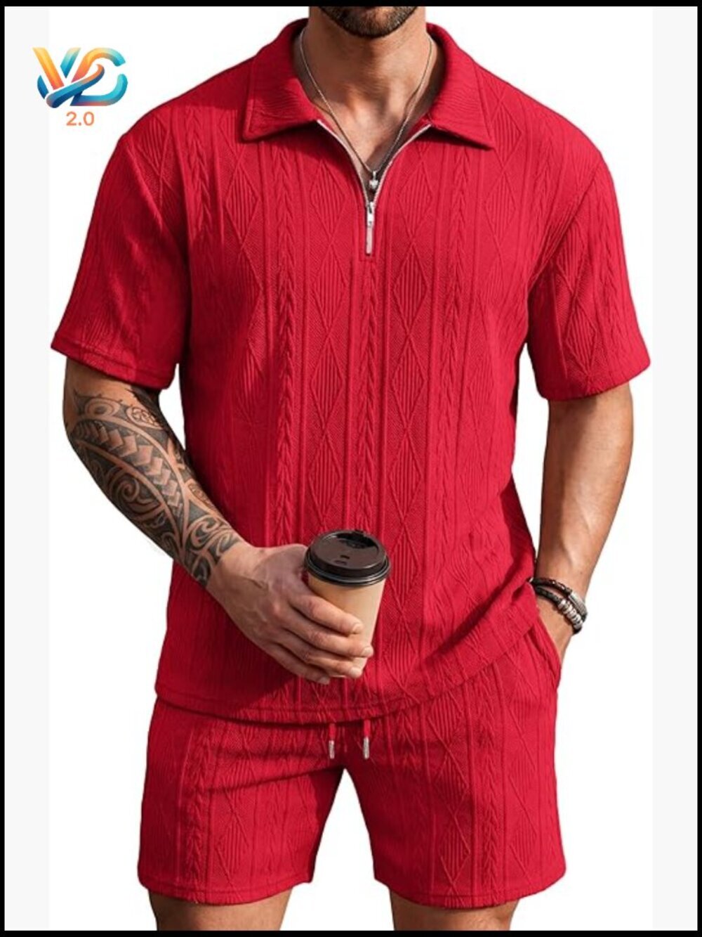 Men's 2 Piece Set Summer Beach Vacation Outfits Quarter Zip Polo and Shorts Set